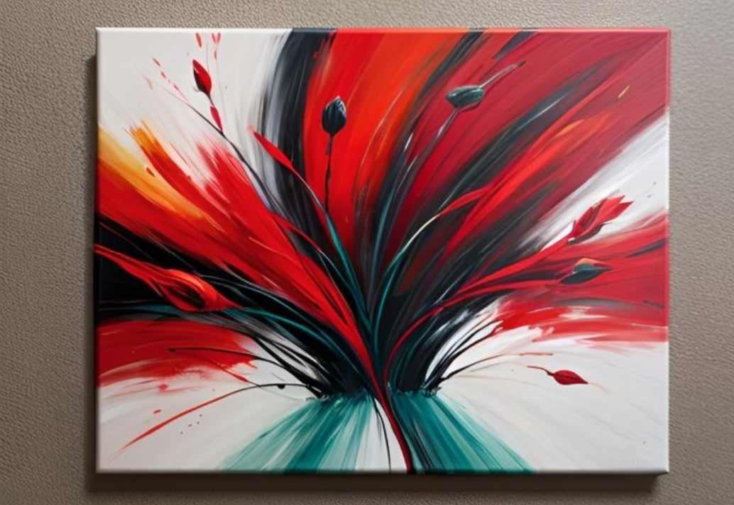 Tableau japonais fleur vert rouge peint main Artiste Ejrac 